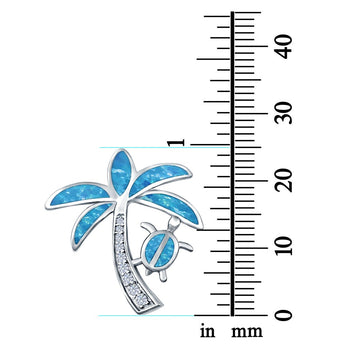 Palm Tree & Turtle Charm Pendant Lab Created Blue Opal Simulated CZ 925 Sterling Silver